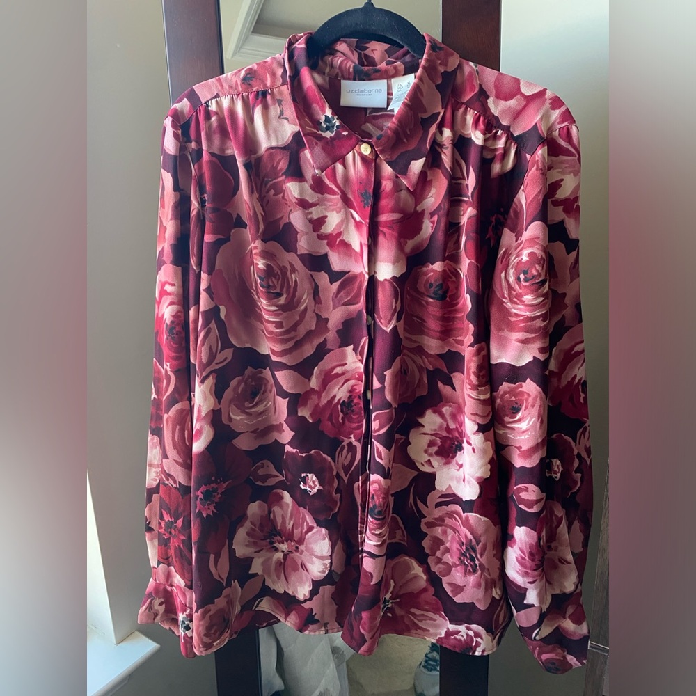 Pink floral print long-sleeve blouse, Liz Claiborne, XL